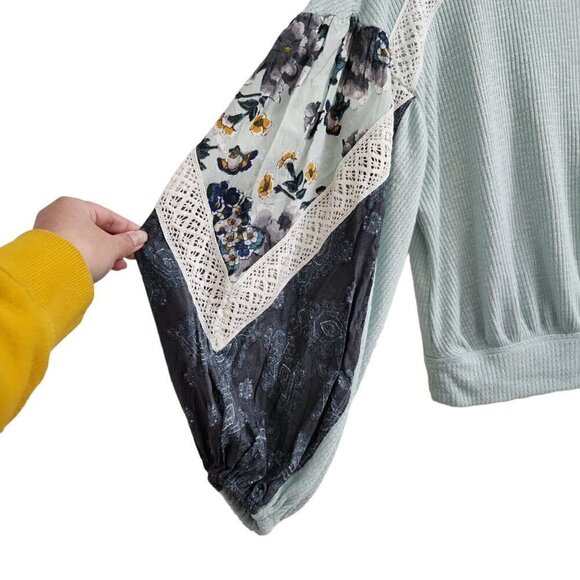 Free People Top Small Mint Blouse Clash Thermal Floral Patchwork Croche Boho - Picture 5 of 12